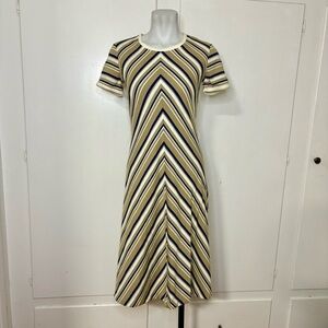 Vintage 70s Cirette California Tan Navy Chevron Striped Knit Crewneck Midi Dress